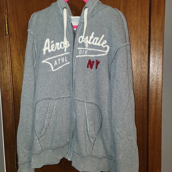Xxl Men Aeropostale Hoodie Sweatshirt Gray Maroon Full Zip Pockets 2x New York - Picture 1 of 7